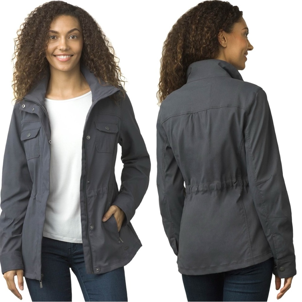 Prana Halle All Purpose Travel Jacket Grey Sz Small Zipper & Snap Pocket Cinche